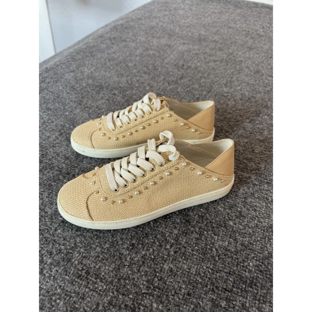 STUART WEITZMAN NATURAL/TAN VERSATILE EMBELLISHED PLATFORM SNEAKERS/MULES SZ‎ 7